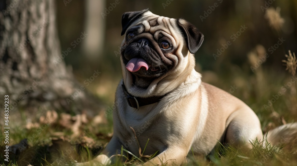 playful pug dog in the park, yard, lawn, field, grass