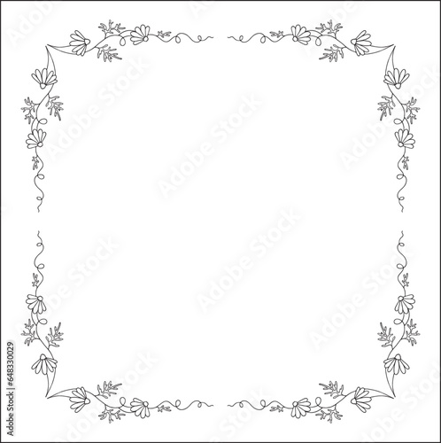 Black and white vegetal ornamental frame with daisy flowers, decorative border, corners for greeting cards, banners, business cards, invitations, menus. Isolated vector illustration.