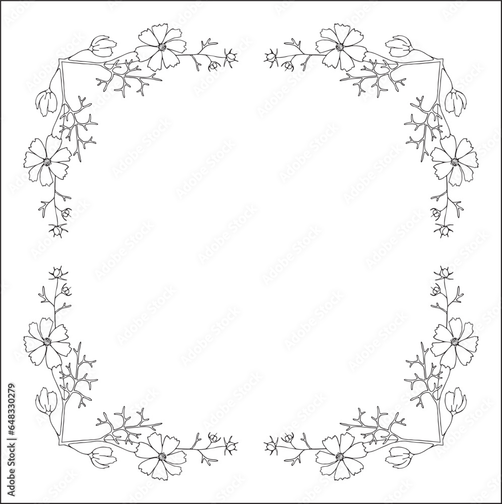 Black and white vegetal ornamental frame with cosmos flowers, decorative border, corners for greeting cards, banners, business cards, invitations, menus. Isolated vector illustration.
