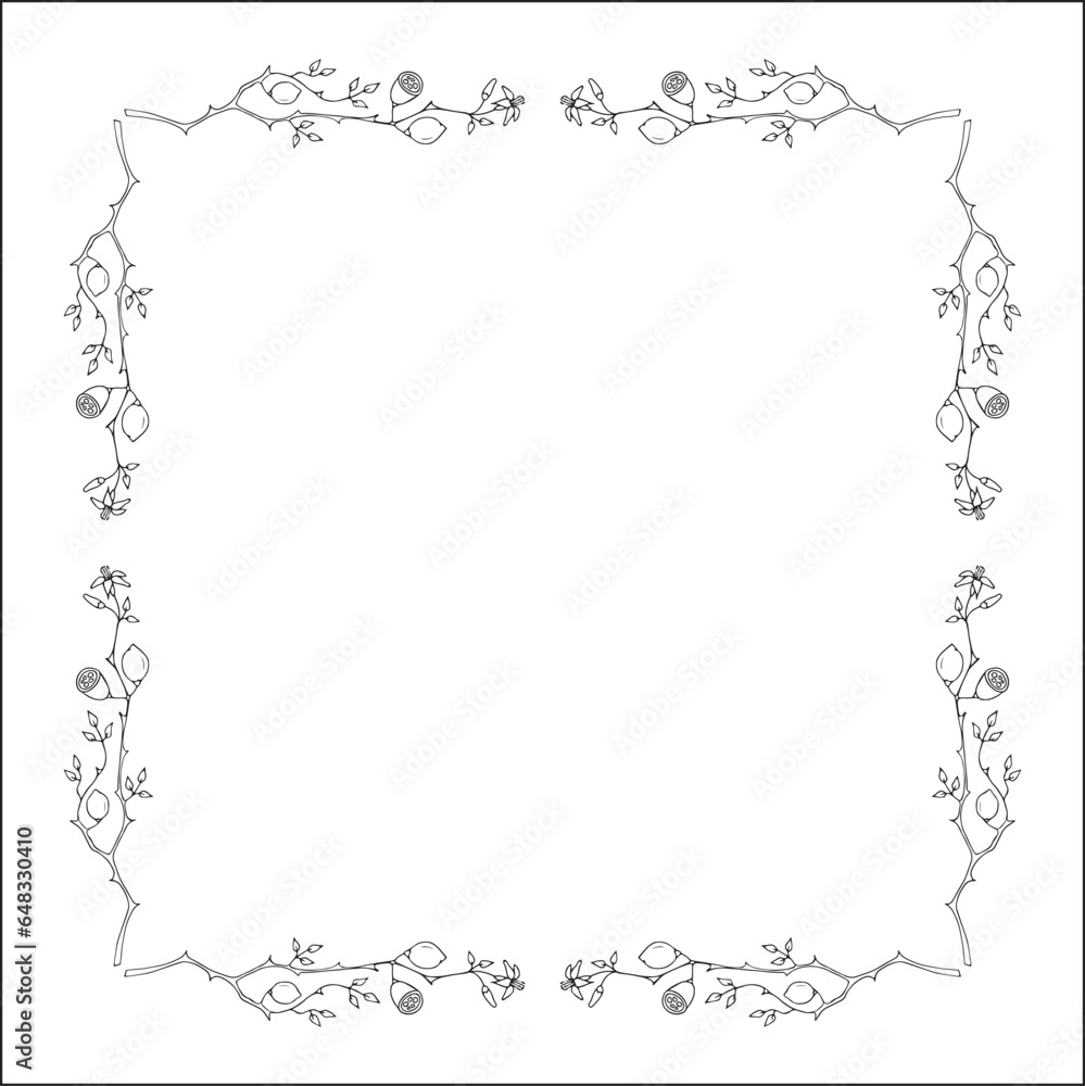 Vegetal ornamental frame with citrus fruits, leaves and flowers, border, corners for greeting cards, banners, business cards, invitations, menus. Isolated vector illustration. Vegetal ornamental frame with citrus fruits, leaves and flowers, border, corners for greeting cards, banners, business cards, invitations, menus. Isolated vector illustration.