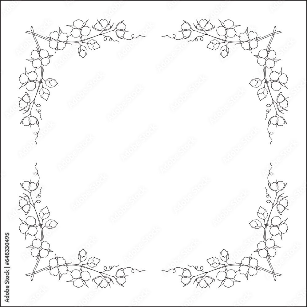 Black and white vegetal ornamental frame with cotton twigs, decorative border, corners for greeting cards, banners, business cards, invitations, menus. Isolated vector illustration. Black and white vegetal ornamental frame with cotton twigs, decorative border, corners for greeting cards, banners, business cards, invitations, menus. Isolated vector illustration.