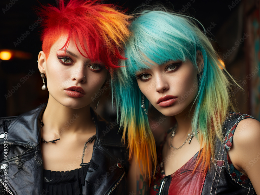 A captivating portrait features two cute punk girls with hair dyed in bright colors. Girls in punk style in urban areas celebrate individuality and personal expression.