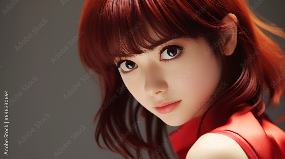 Close up of a cute Japanese young woman with dark reddish brown bangs and big luminous eyes