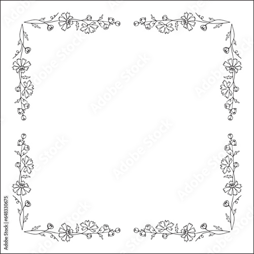 Black and white vegetal ornamental frame with field flowers, decorative border, corners for greeting cards, banners, business cards, invitations, menus. Isolated vector illustration.