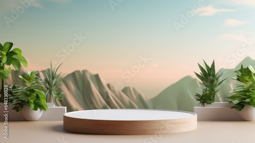 Natural theme. Empty podium design for product display. Background for presentation or showcase pedestal product branding, identity and packaging. 3d rendering illustration template mockup.