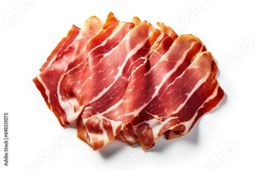 Delicious jamon isolated on a white background. View from above.