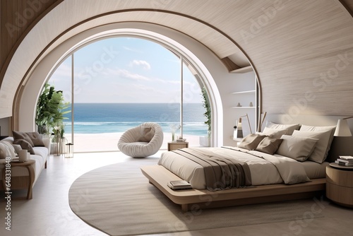 Coastal interior design of modern bedroom with arched ceiling   Generative AI © Kay