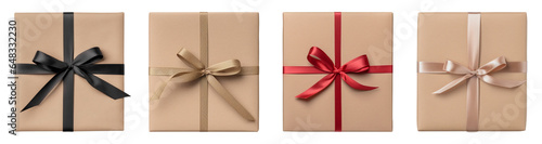 Craft paper gift boxes with ribbons isolated on a transparent background.