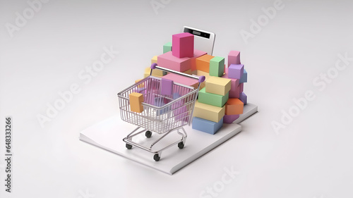 Online Shopping concept. boxes and shopping bag with Smartphone Online Shopping screen.