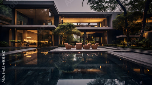 As twilight envelops the scene, the exterior of this luxurious modern home exudes elegance and sophistication, with its impressive architectural design and tranquil ambiance, offering a picturesque an