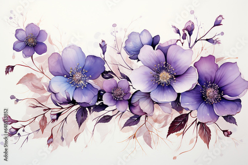 Beautiful detailed and detached small spaced purple flowers on a white background. AI generative