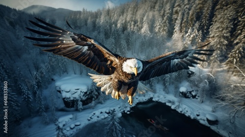 Bald eagle flying over a fir forest landscape at wintertime. Made with Generative AI. photo