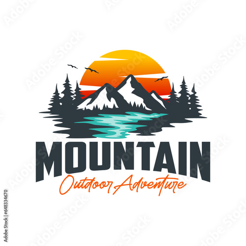 Mountain Peak with Lake Forest, Pine Evergreen Larch Tree with River Creek Landscape Outdoor Silhouette Label Logo Design