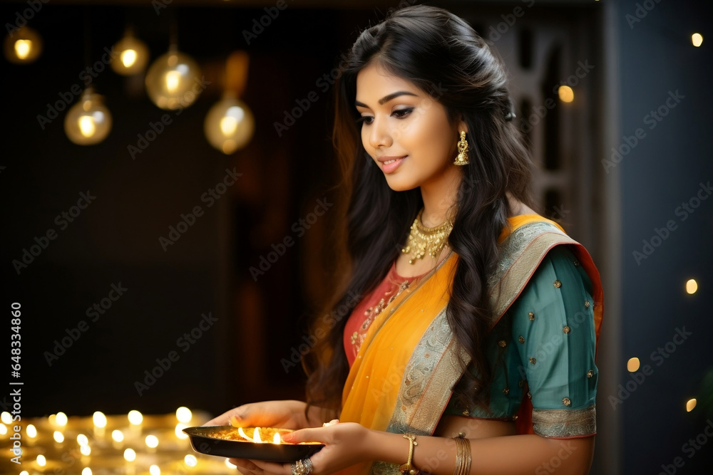 Indian woman with Diwali decoration background. Diwali celebration.