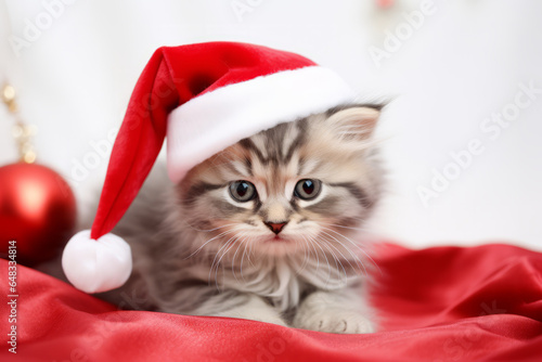 Cute little festive kitten wearing a Father Christmas santa hat