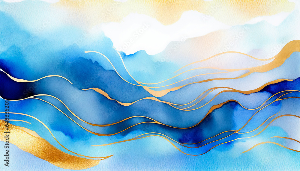 Abstract ink sky sun wave blue, gold watercolor background texture for copy space text. Teal, aqua, golden sunny ocean  for beach wedding. Wavy lines art fun pool party backdrop, web mobile banner 