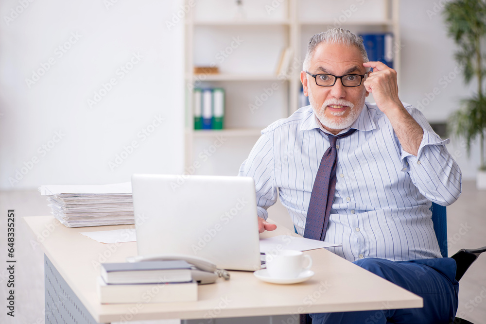 Old male employee working in the office Old male employee working in the office