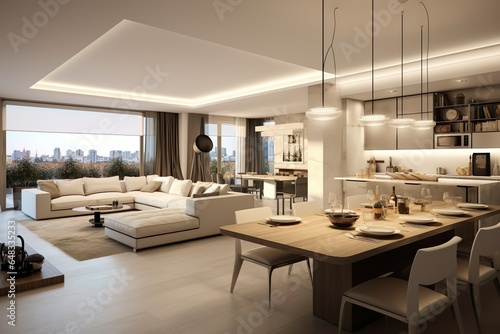 Interior design of modern apartment, kitchen, dining room, living room, panorama | Generative AI