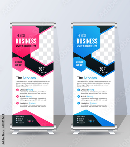 Colorful Stylish Creative Corporate Roll Up Banner Signage Standee Template for Advertising and Multipurpose Use with Four Color Variations
