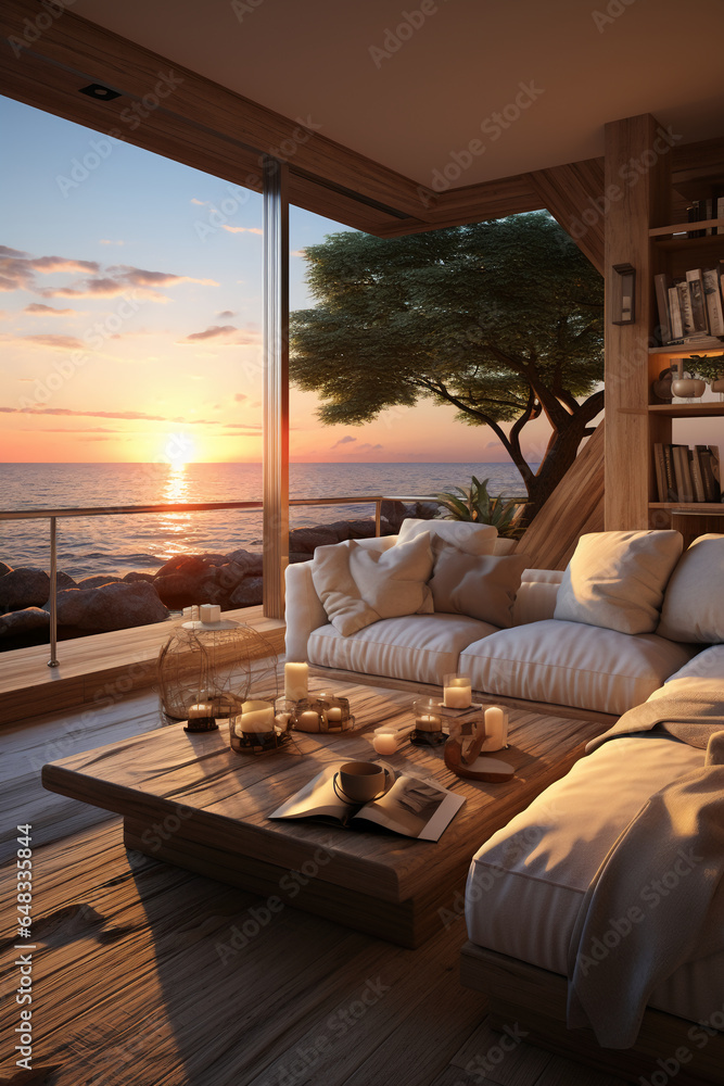 Fototapeta premium Coastal life interior design. AI generative