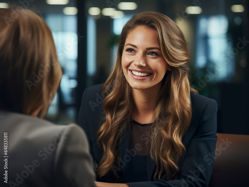A smiling female manager conducts a relaxed interview with a candidate. Woman manager with a bright face and smile in a friendly and professional environment. photo