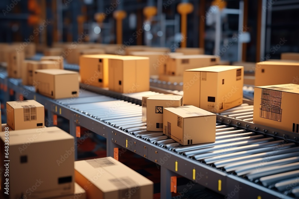 Conveyor with boxes for delivery in automated warehouse. Cardboard parcels on production line. Distribution center with boxes | Generative AI Conveyor with boxes for delivery in automated warehouse. Cardboard parcels on production line. Distribution center with boxes | Generative AI
