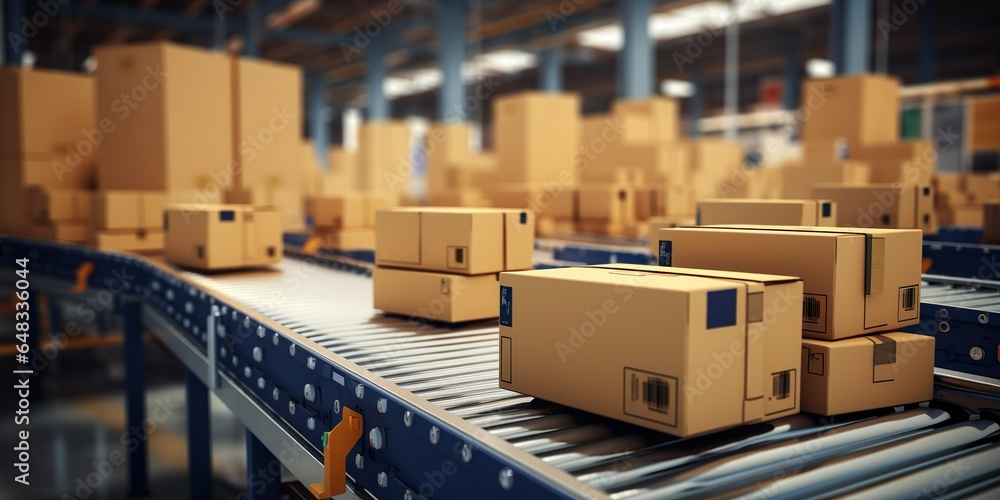 Conveyor with boxes for delivery in automated warehouse. Cardboard parcels on production line. Distribution center with boxes | Generative AI