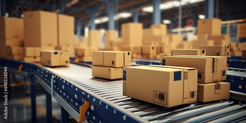 Conveyor with boxes for delivery in automated warehouse. Cardboard parcels on production line. Distribution center with boxes   Generative AI © Kay