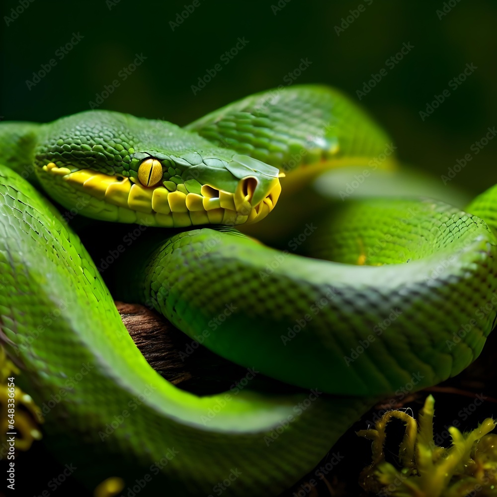 Obraz premium Green Snake on a Branch: Disguised in the Green