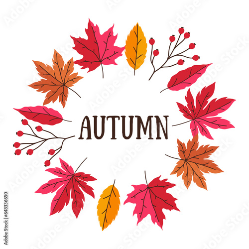 Autumn frame template made of leaves and berries isolate on a white background. Vector graphics.