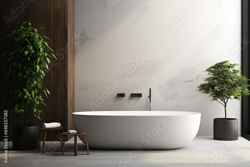 Minimalist interior design of modern bathroom with white bath tub and greenery   Generative AI