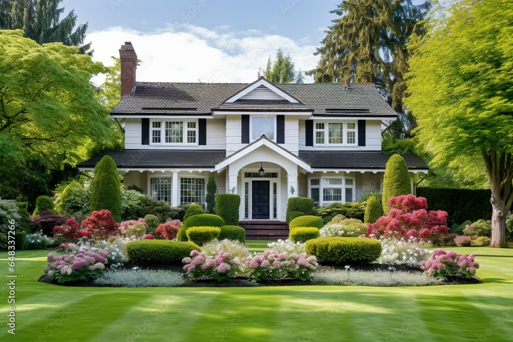 Colonial style brick family house exterior with black roof tiles. Beautiful front yard with lawn and flower bed. | Generative AI Colonial style brick family house exterior with black roof tiles. Beautiful front yard with lawn and flower bed. | Generative AI