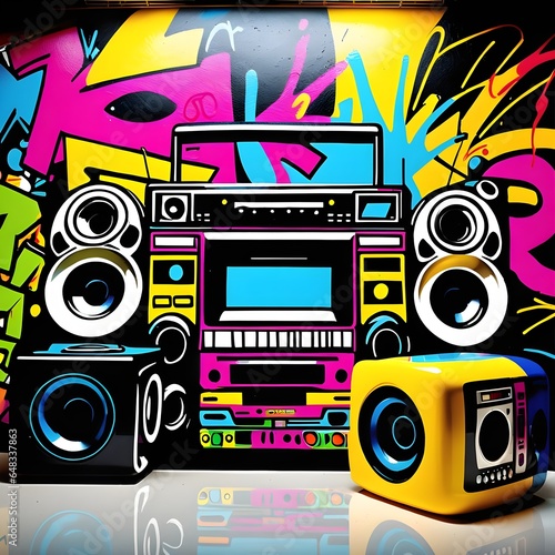 Experience the rhythmic pulse of creativity as vibrant graffiti-covered walls come alive to the beat of a vintage ghetto blaster. This electrifying image captures the essence of urban art in motion.