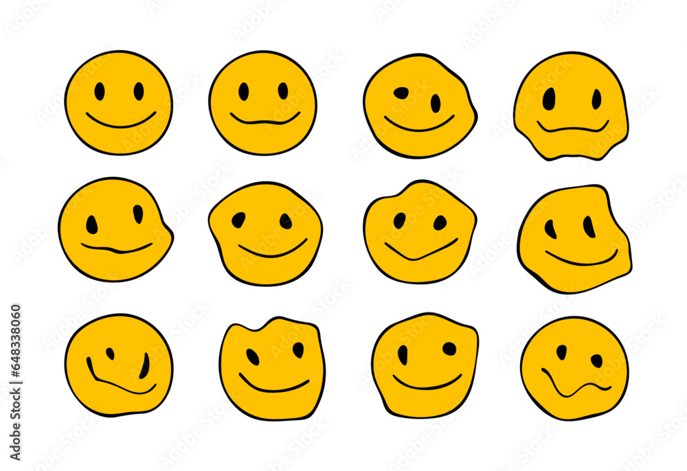 Fototapeta premium Acid yellow smiley set. Deformed, distorted or melted psychedelic smile face. Rave emoji for stickers or clothes print (Full Vector)