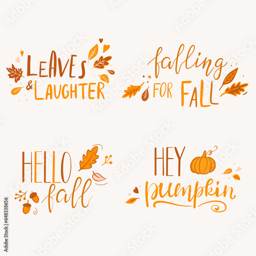 Set of cute hand lettered quotes about autumn. Hello fall, hey pumpkin and other seasonal phrases