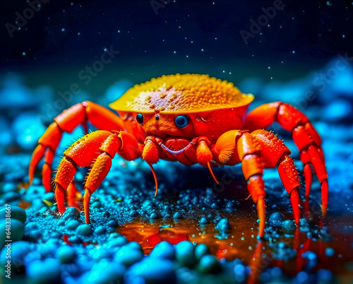 Red crab on blue sea bottom closeup