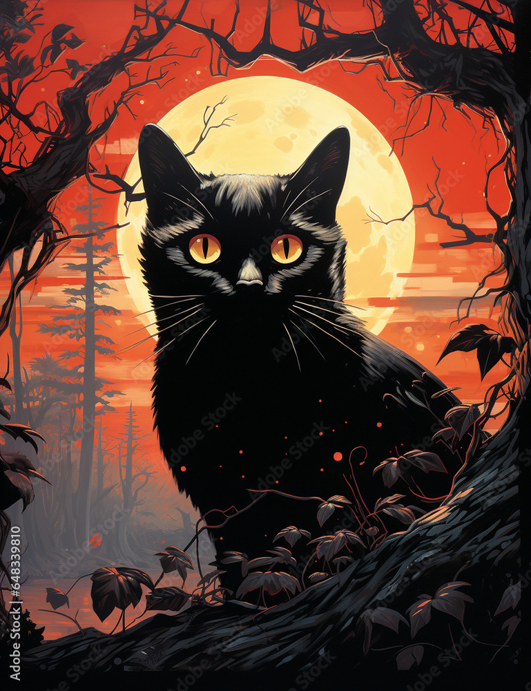 a black Halloween cat in the forest a black Halloween cat in the forest