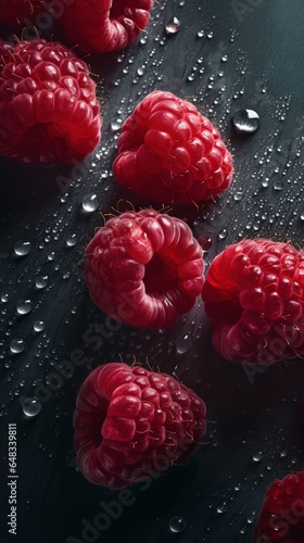 ripe raspberry closeup with waterdrops food photography photo