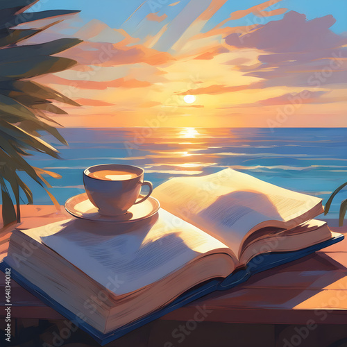 Beautiful digital illustration of a cup of coffee on the Brazilian coast and a beautiful sunset. Digital art of sunrise on amazing beach vacation. Drawing on the beaches of Brazil
