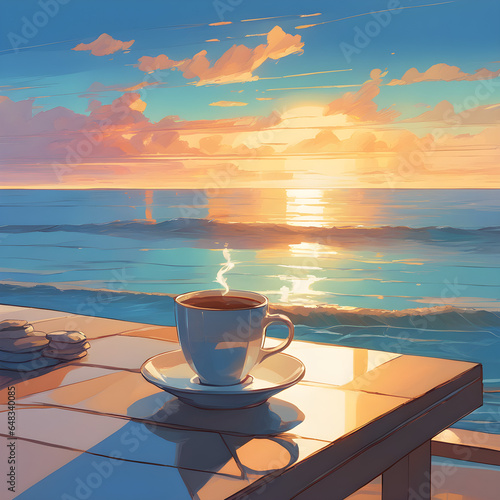 Beautiful digital illustration of a cup of coffee on the Brazilian coast and a beautiful sunset. Digital art of sunrise on amazing beach vacation. Drawing on the beaches of Brazil