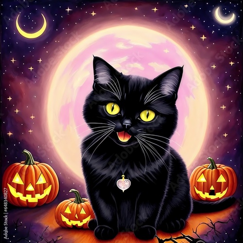 Halloween themed image of a black cat in front of a bright full moon  pumpkins are next to the cat - Generative AI 