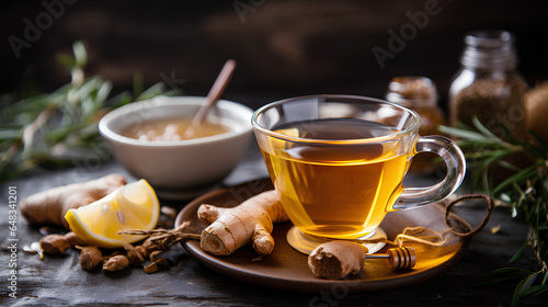 Glass cup of ginger tea and bowl with honey