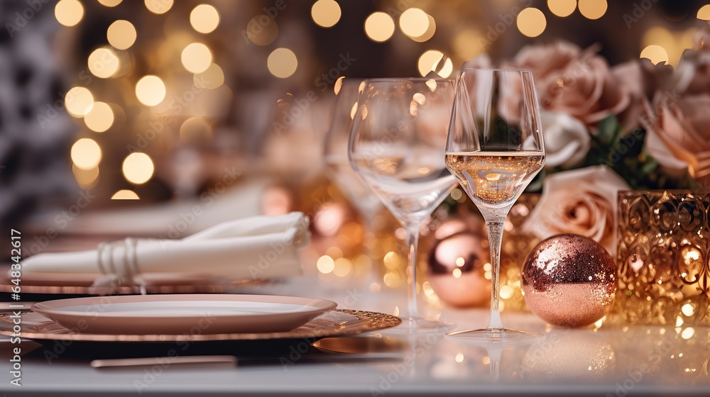 Elegant pink gold theme table setting for Christmas and New year dinner, Generative ai Elegant pink gold theme table setting for Christmas and New year dinner, Generative ai