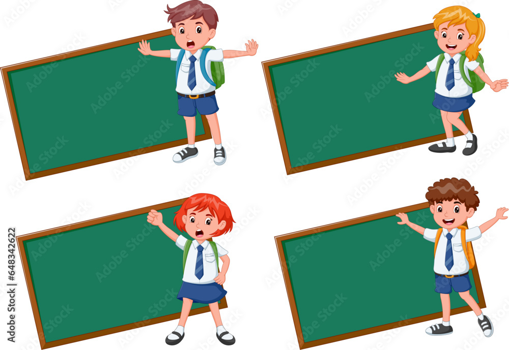 Four frames with happy children in school uniform. Cute kids with four green board. vector illustration Four frames with happy children in school uniform. Cute kids with four green board. vector illustration