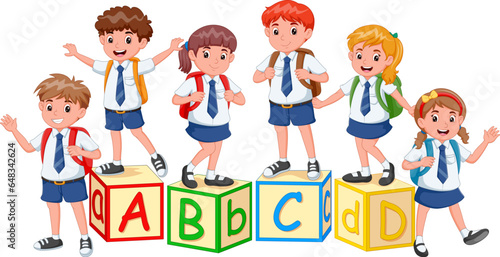 Happy little kids with alphabet blocks. cute students with alphabet blocks. Vector illustration
