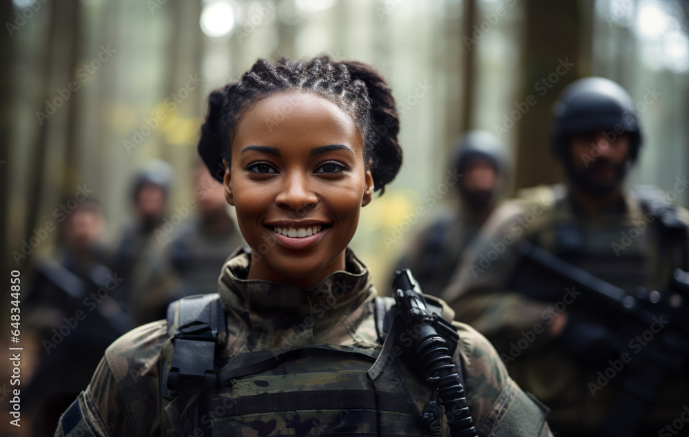 A young black adult soldier proudly wears her uniform, ready for another mission. Woman soldier face radiates a genuine smile and happiness.