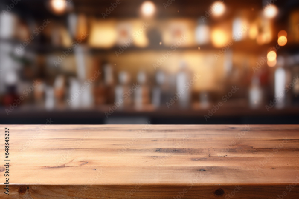 Close Up of Empty Wooden Kitchen Counter Top, Blurred Background in Rustic Kitchen for Food and Drink Mockups, Generative AI Close Up of Empty Wooden Kitchen Counter Top, Blurred Background in Rustic Kitchen for Food and Drink Mockups, Generative AI