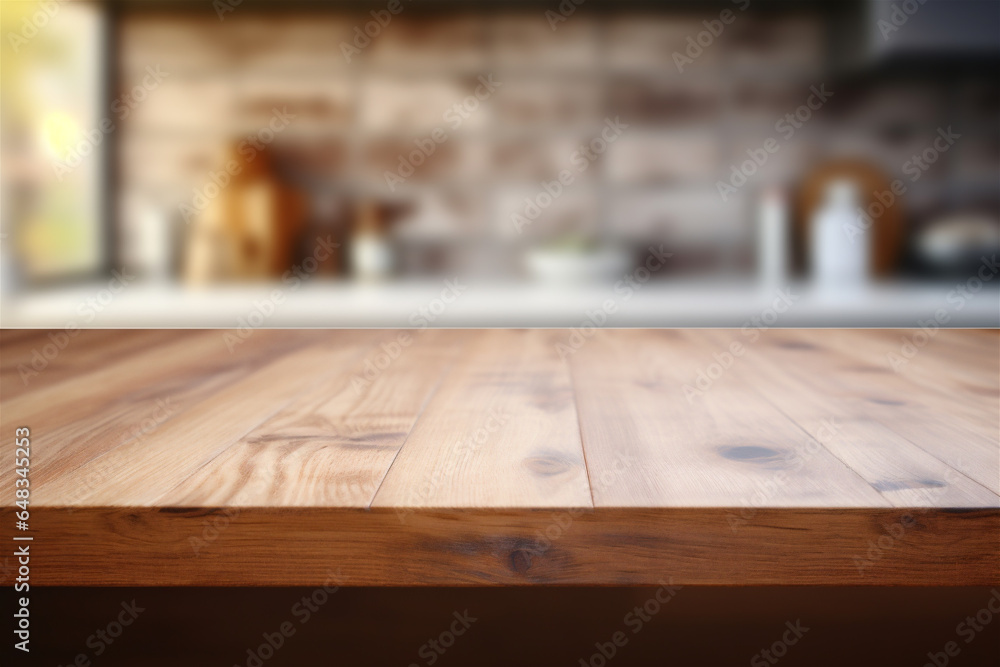Close Up of Empty Wooden Kitchen Counter Top, Blurred Background in Rustic Kitchen for Food and Drink Mockups, Generative AI Close Up of Empty Wooden Kitchen Counter Top, Blurred Background in Rustic Kitchen for Food and Drink Mockups, Generative AI