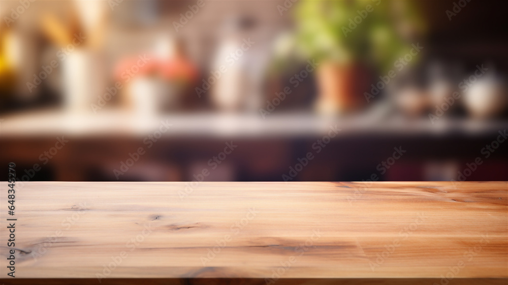 Close Up of Empty Wooden Kitchen Counter Top, Blurred Background in Rustic Kitchen for Food and Drink Mockups, Generative AI Close Up of Empty Wooden Kitchen Counter Top, Blurred Background in Rustic Kitchen for Food and Drink Mockups, Generative AI