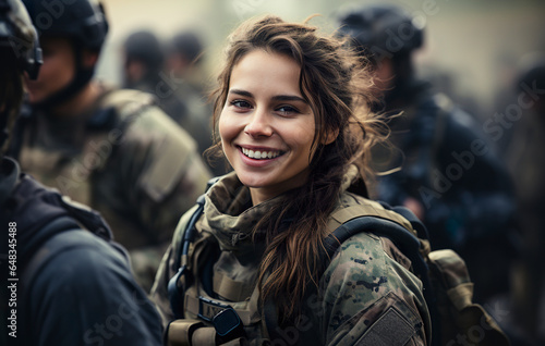 A young adult soldier proudly wears her uniform, ready for another mission. Woman soldier face radiates a genuine smile and happiness. photo